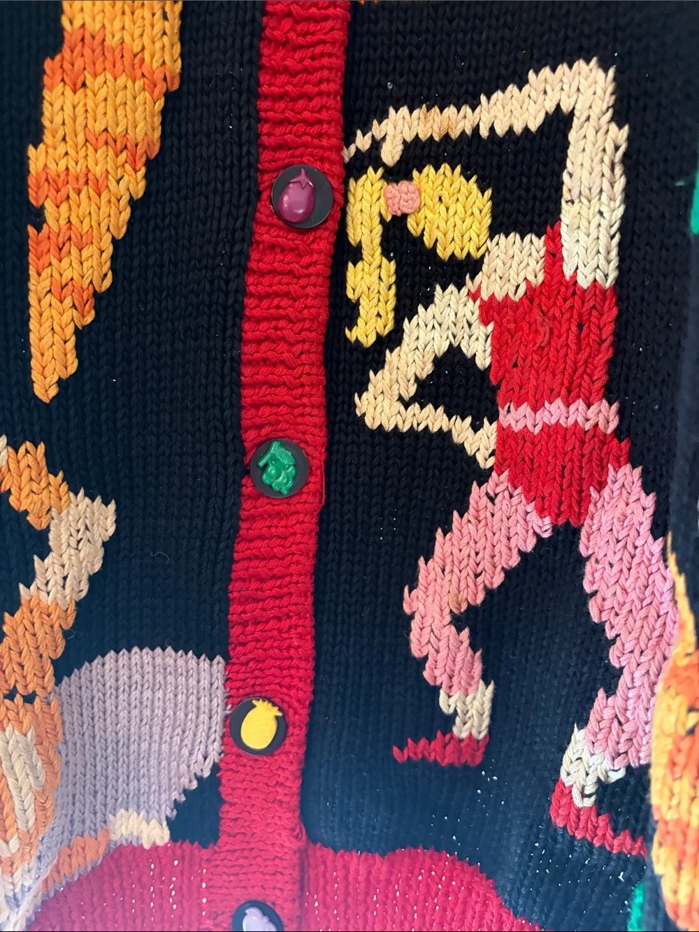 Vintage Berek Black Knit Cardigan Sweater with Bold Multicolor Athletic Motifs